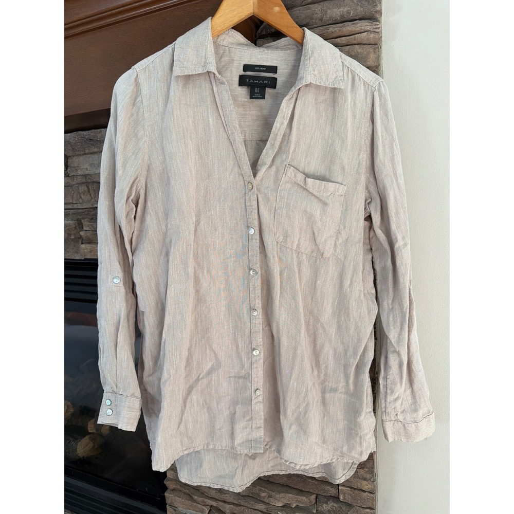 Tahari 100% Hemp Shirt Small Beige Linen Look Roll Tab Button Down Lagenlook Top